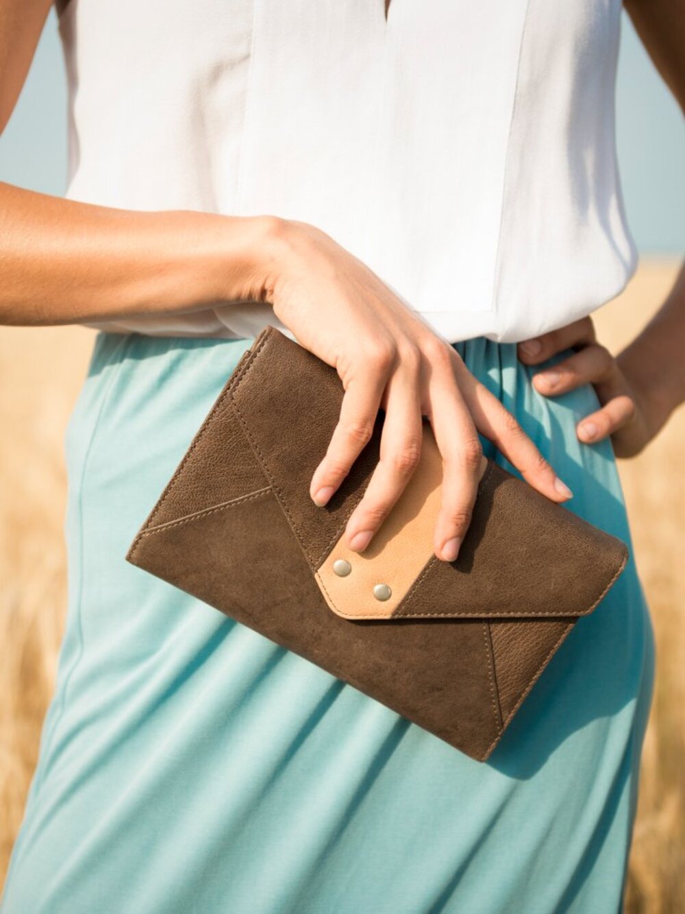 Ellington Eva Leather Envelope Clutch Wallet Wristlet, Brown & Tan, NWT